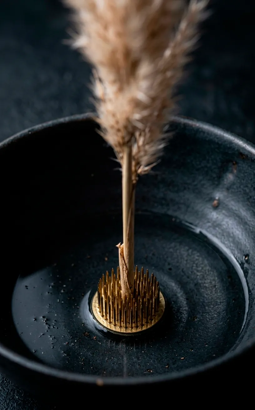 Detail of an Ikebana kenzan pin frog holding a single dried pampas grass stem.