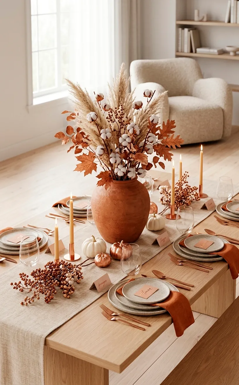Terracotta vase with dried floral centerpiece on a modern dining table.