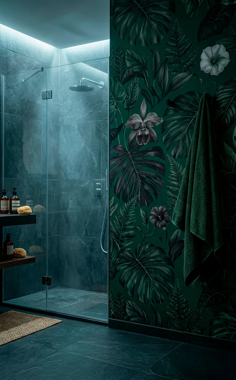Emerald green jungle wallpaper in a modern bathroom with slate tiles and glass shower.