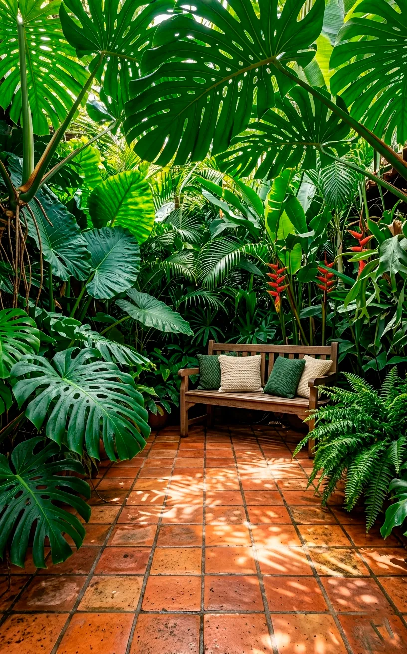 Tropical patio design with large green plants contrasting against orange terracotta tiles.