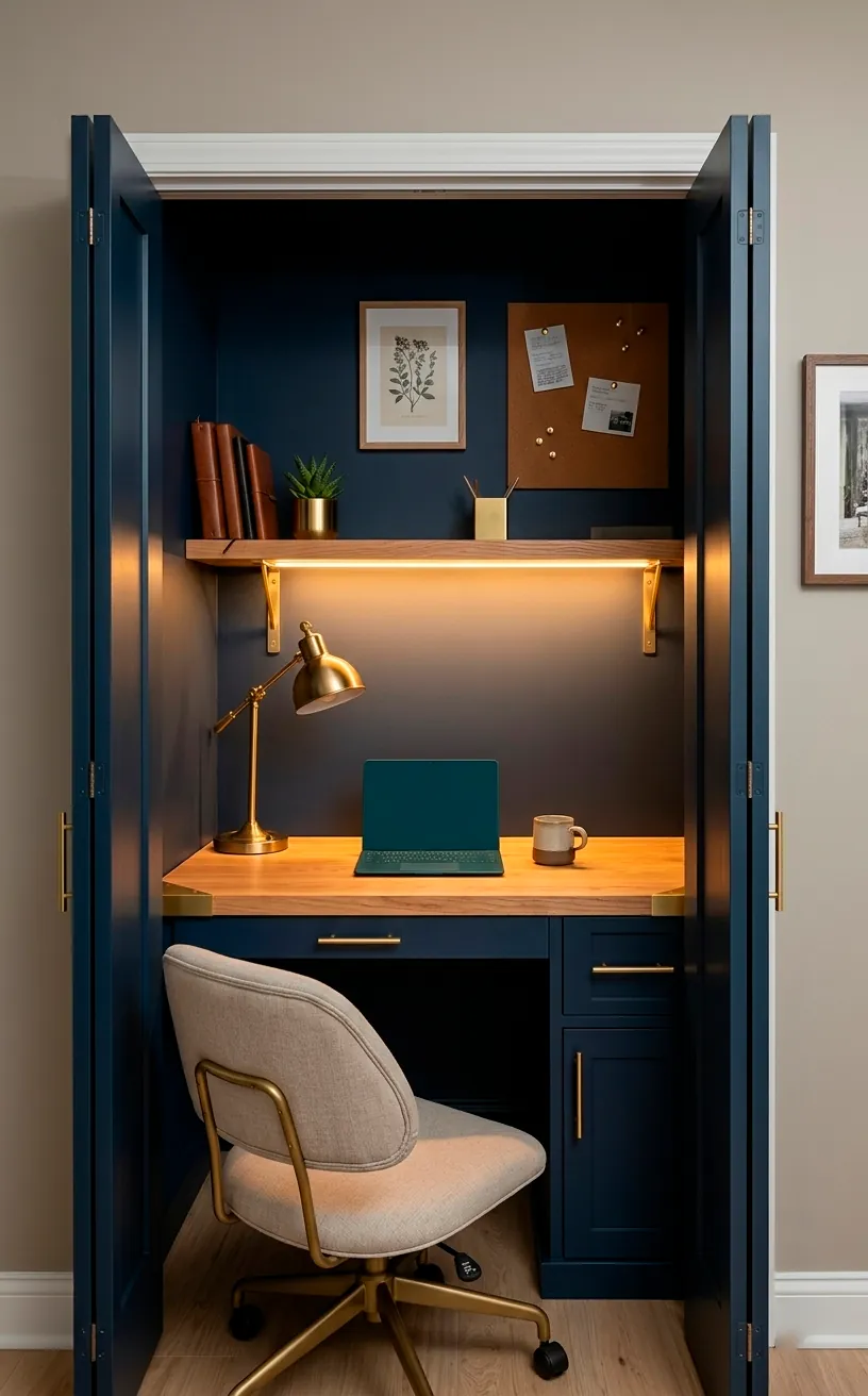 Closet converted into a stylish navy blue home office with built-in wood desk and LED lighting.