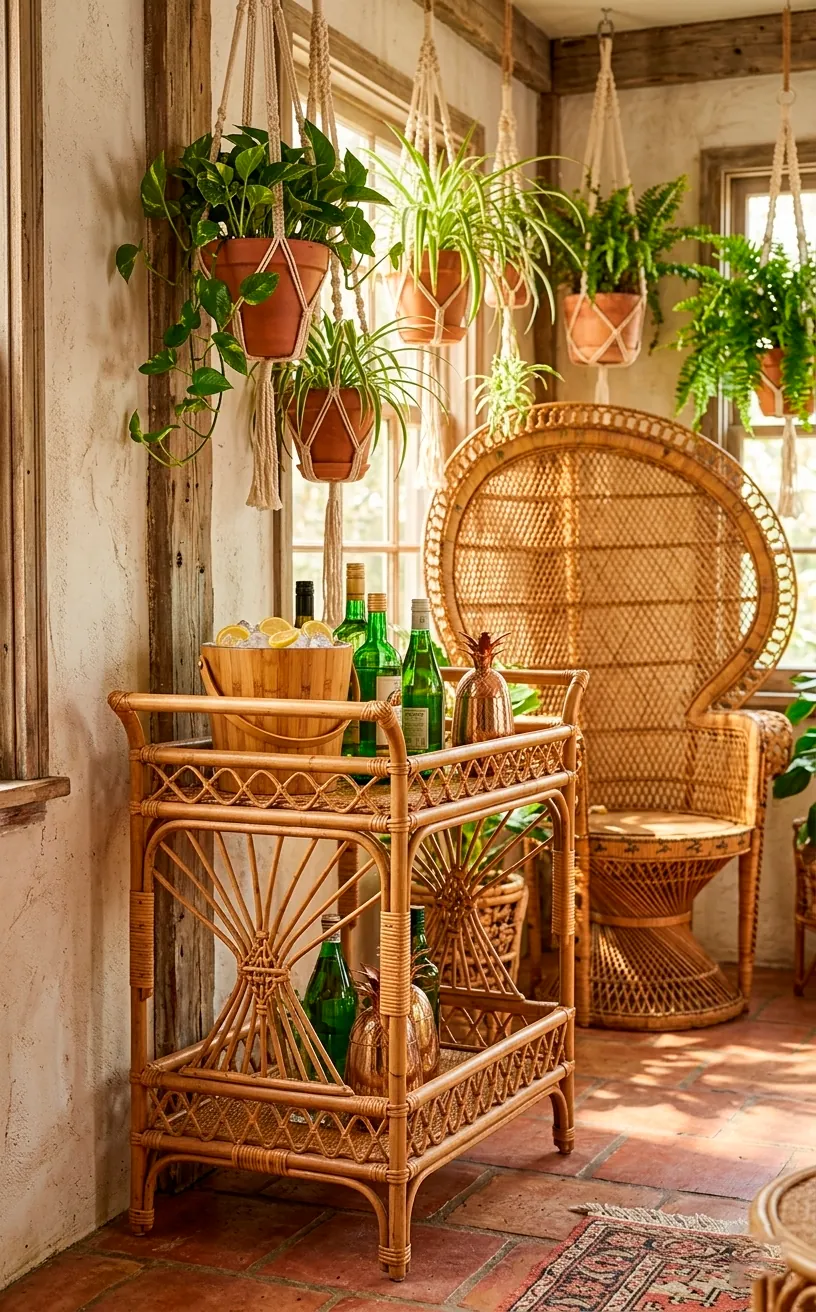 Rattan bar cart styled with tropical accessories and hanging plants.