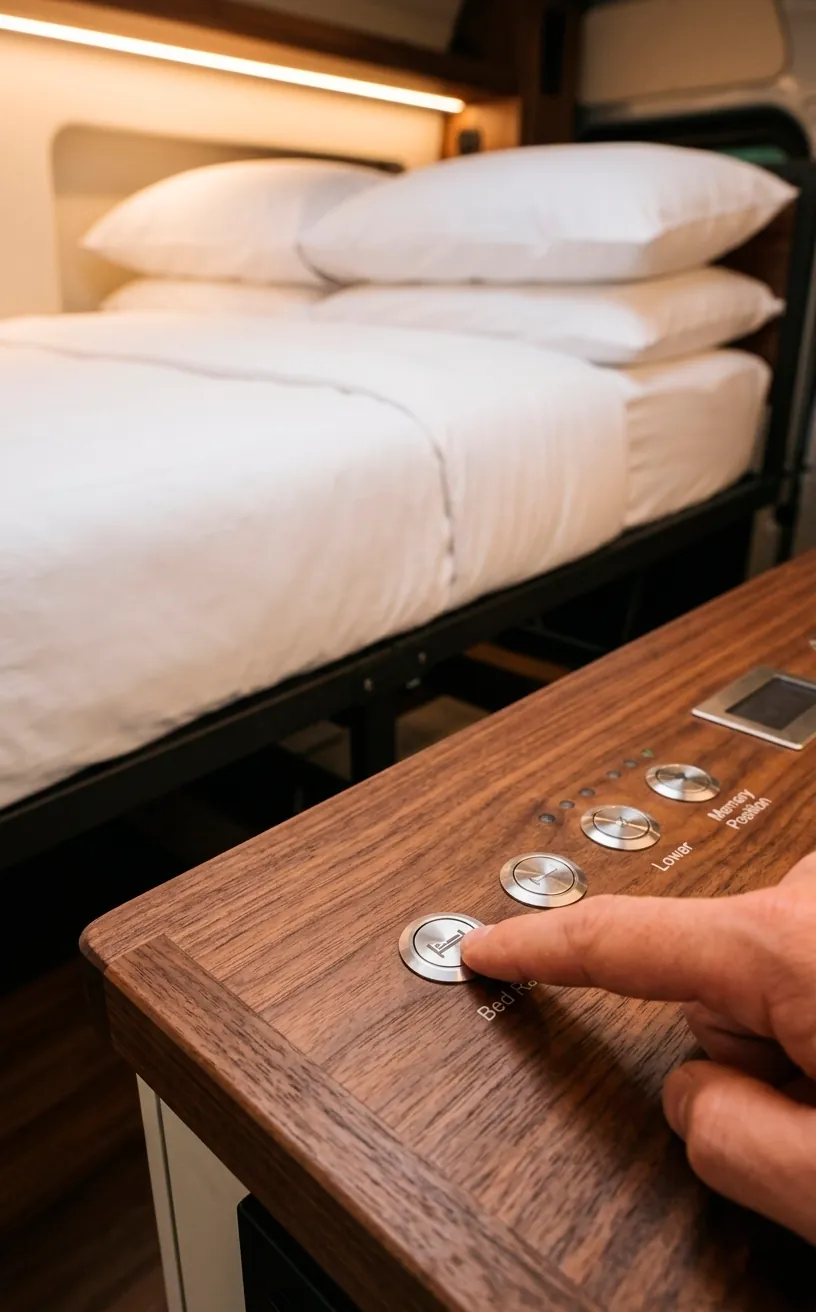 Control panel for a luxury van bed lift system on a wood wall.