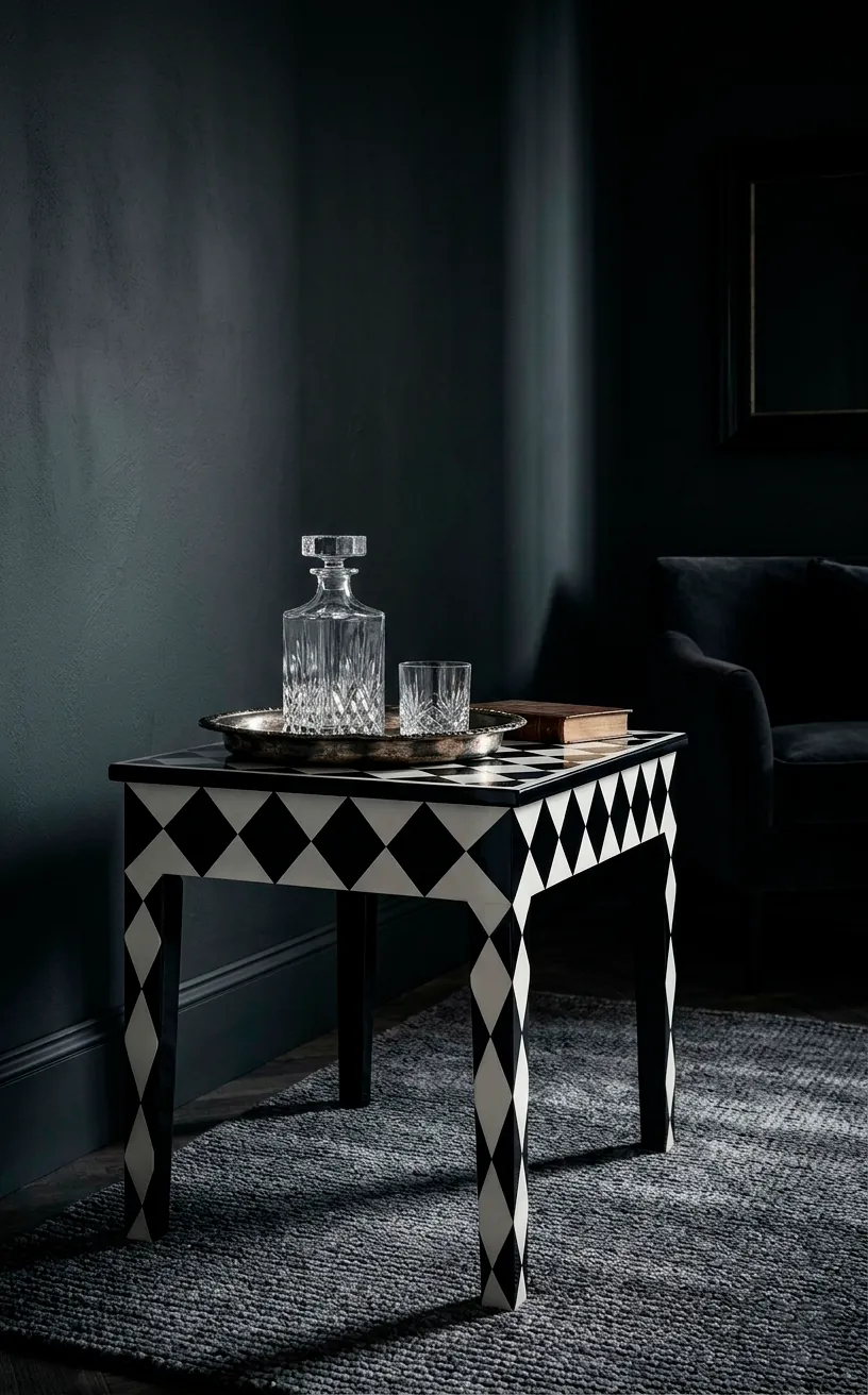Black and white harlequin diamond patterned side table in a moody, elegant room.