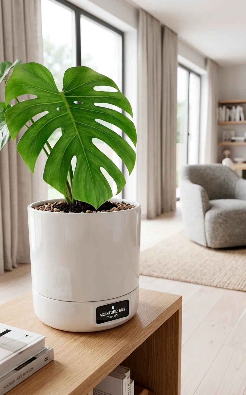 Smart ceramic planter with a digital moisture display holding a monstera plant.