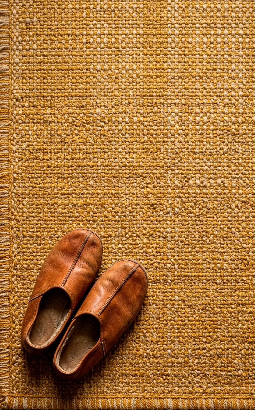 Top-down detail of a mustard yellow woven rug texture with tan leather slippers.
