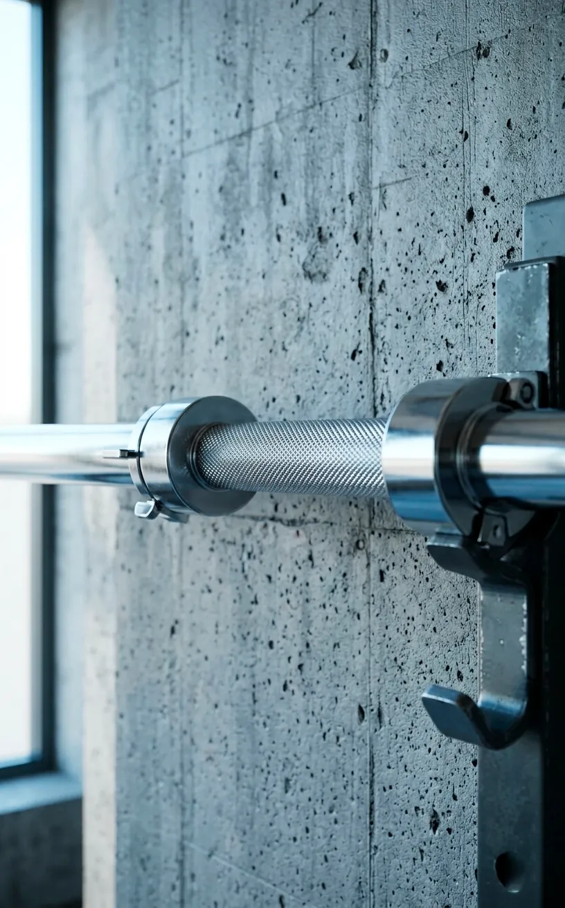 Close-up of a chrome barbell against a raw concrete wall in an industrial gym.