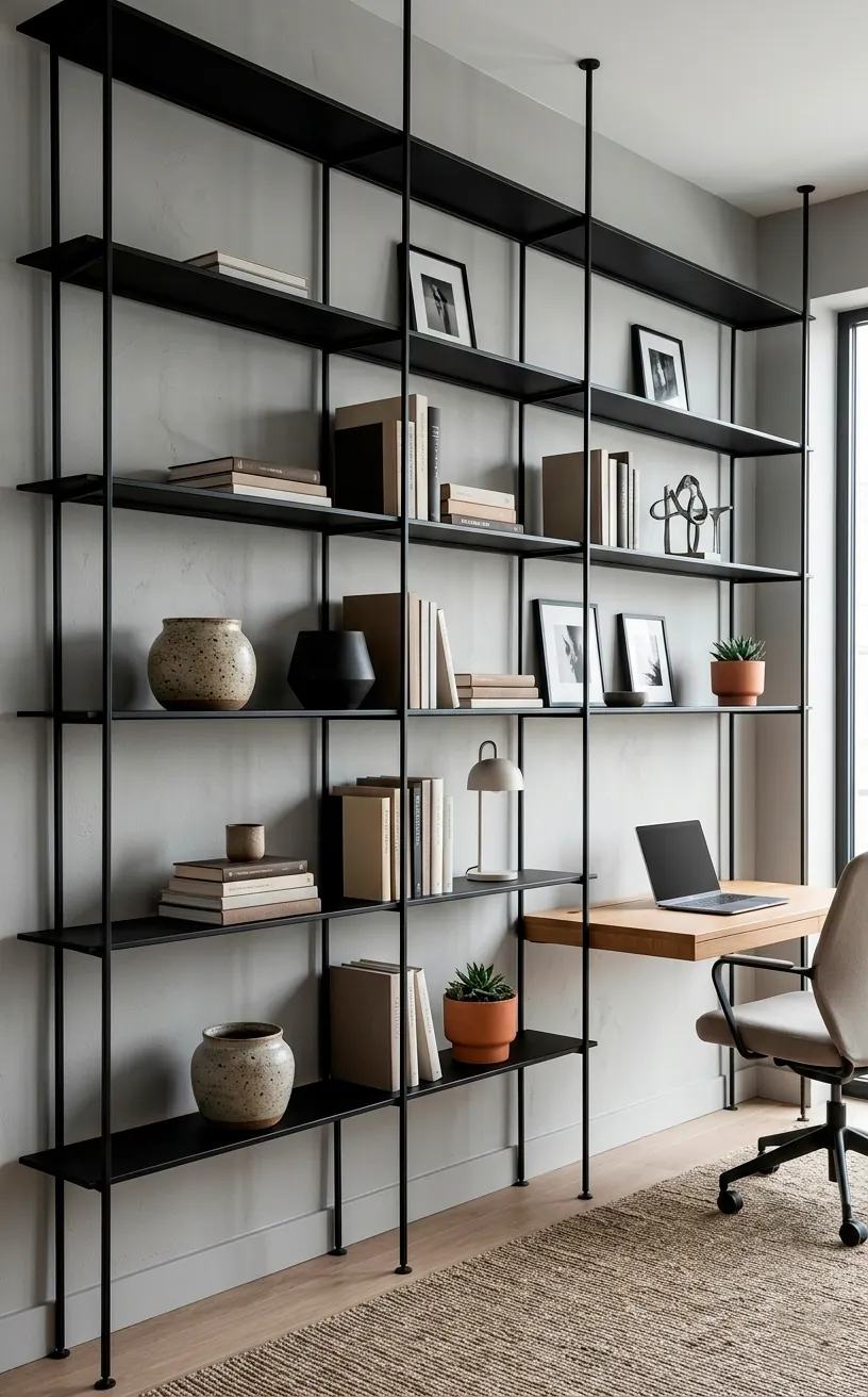 Tall minimalist black metal shelving unit in a modern office.