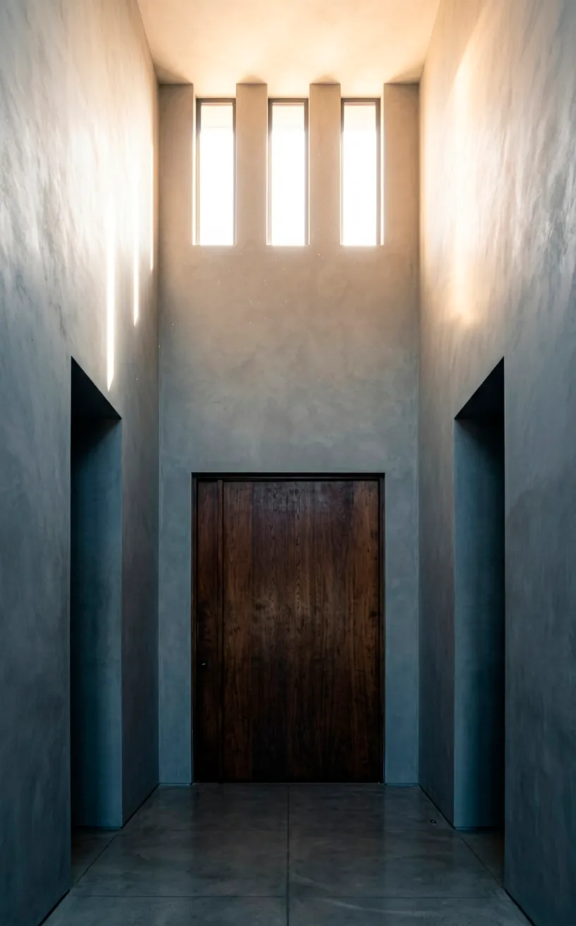 High clerestory windows in a modern entryway providing natural light and privacy.