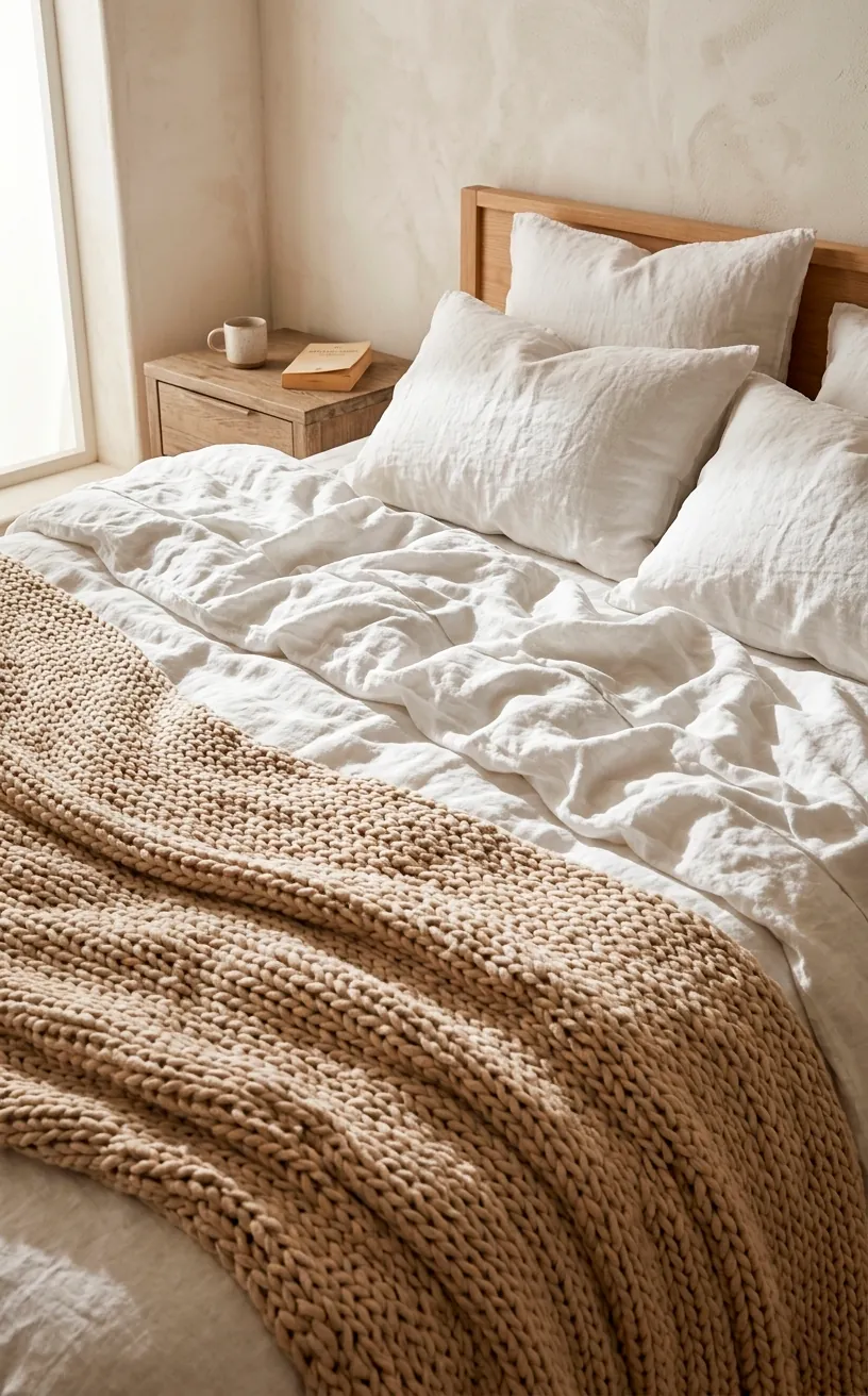 Soft washed white linen bedding with a textured knit throw blanket.