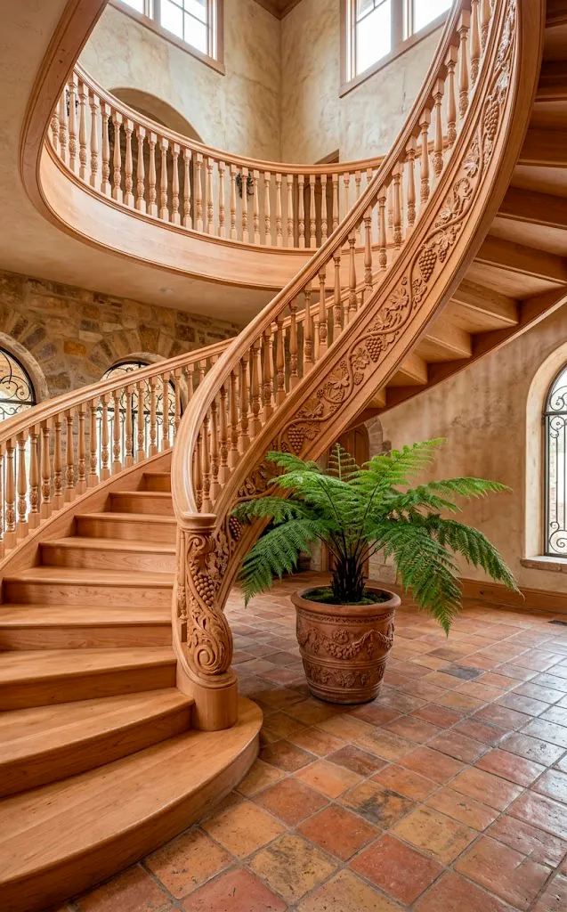 Curved staircase featuring hand-carved grapevine motifs on the side wood paneling.