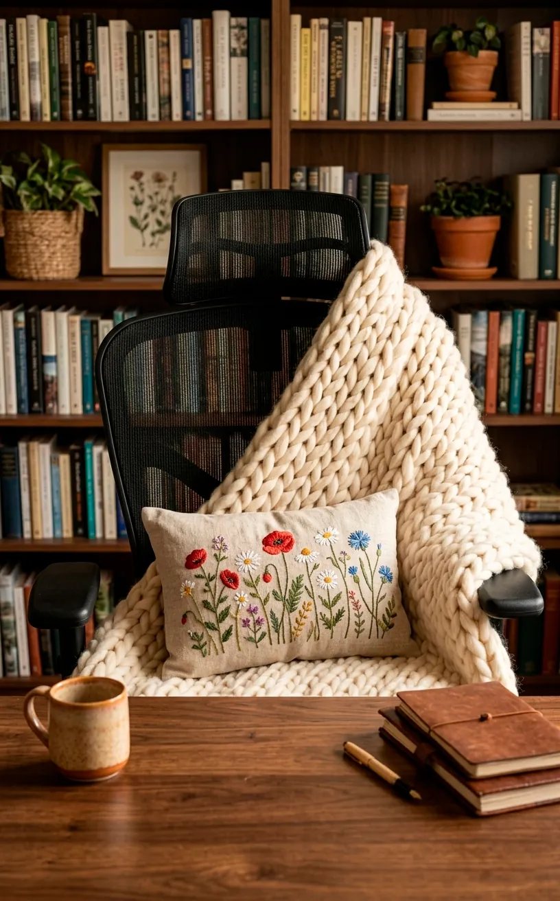 Office chair styled with a chunky knit throw and floral pillow for a cozy look.