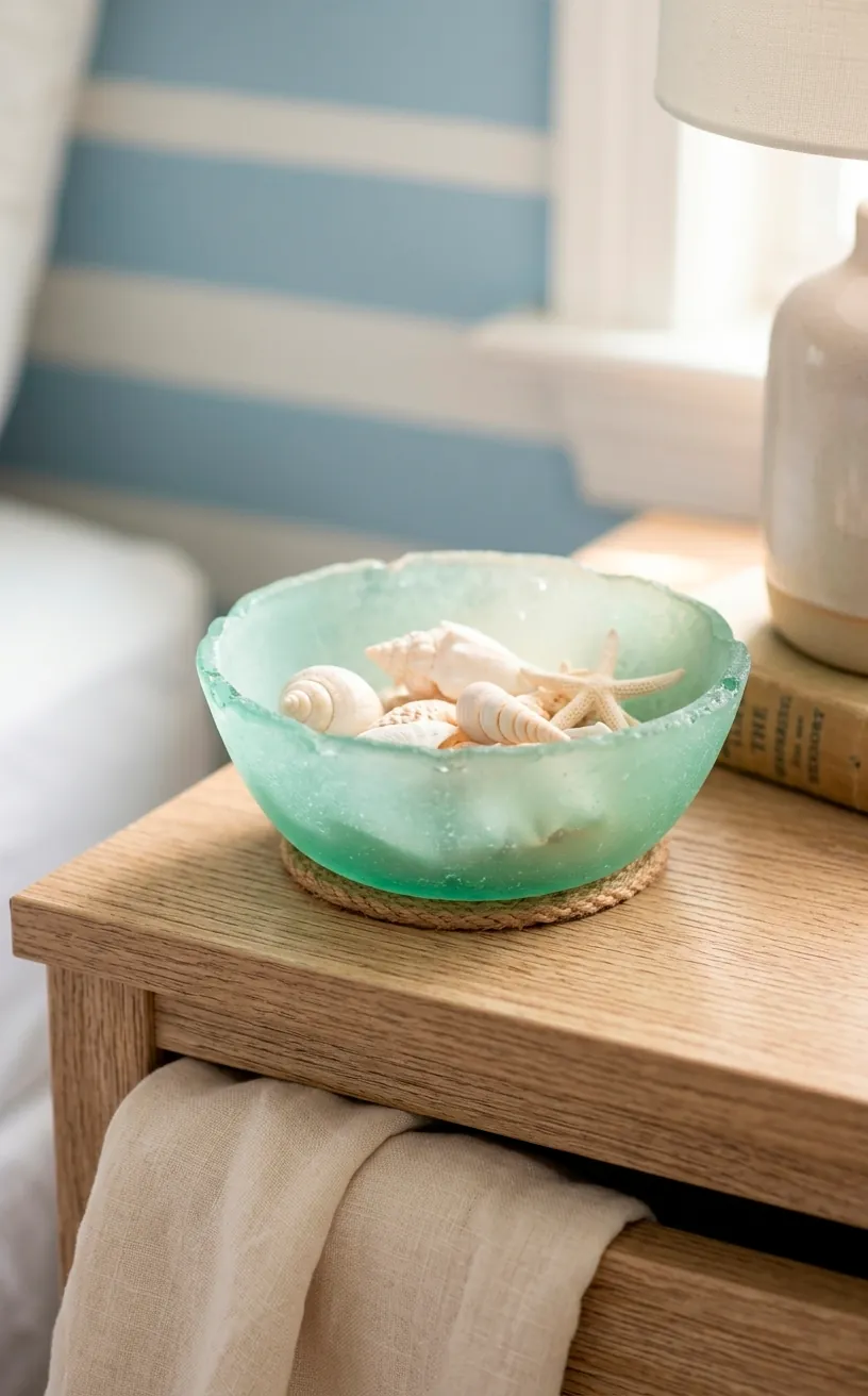 Mint green sea glass bowl with seashells on a nightstand.