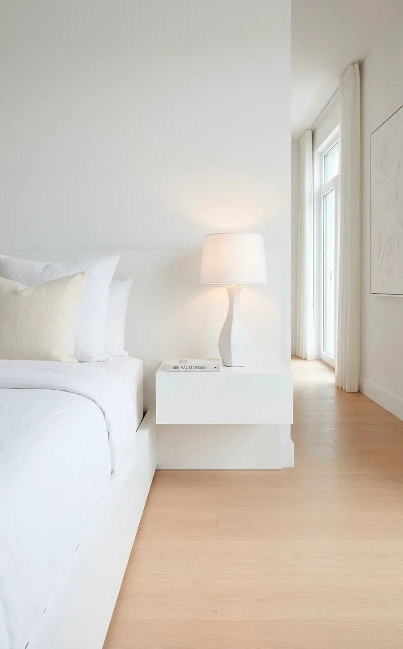 Sleek white floating nightstand and modern lamp in a minimalist bedroom setup.