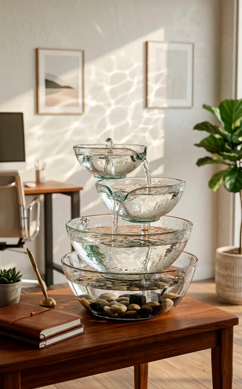 Tiered glass bowl fountain cascading water on a wooden table in a serene workspace.