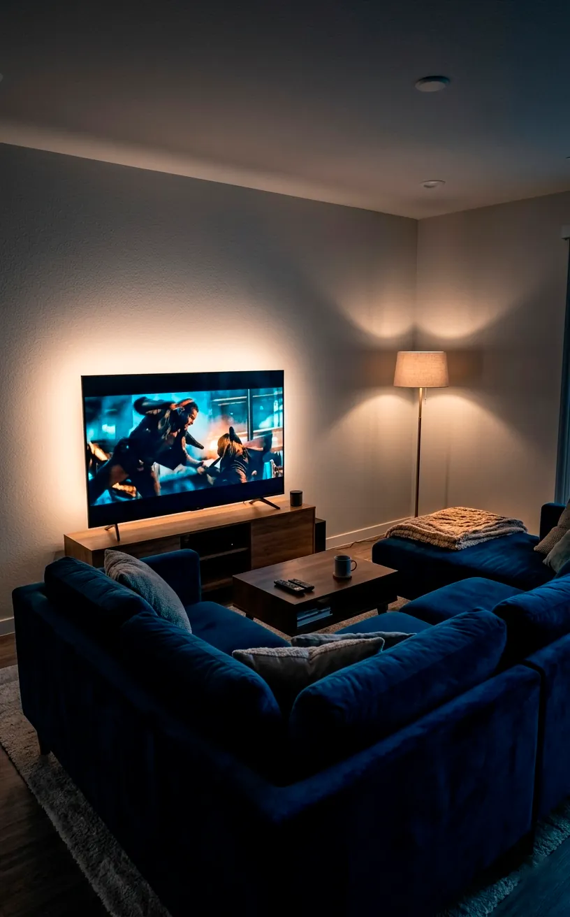 Living room TV with warm LED bias lighting creating a glow on a textured gray wall.