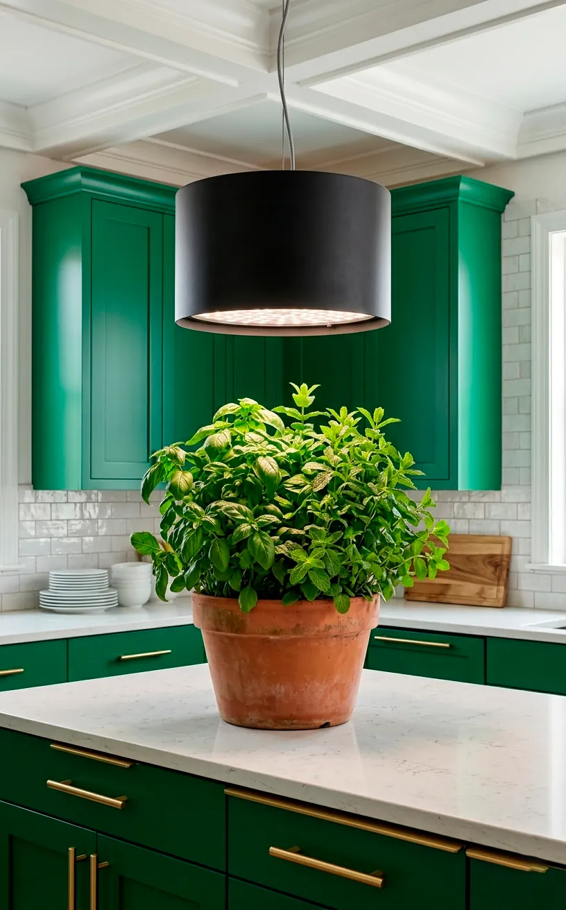 Matte black designer pendant grow light hanging over a herb garden on a kitchen island.