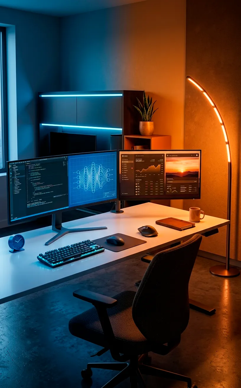 Smart lighting transitioning from cool blue to warm amber in a home office.
