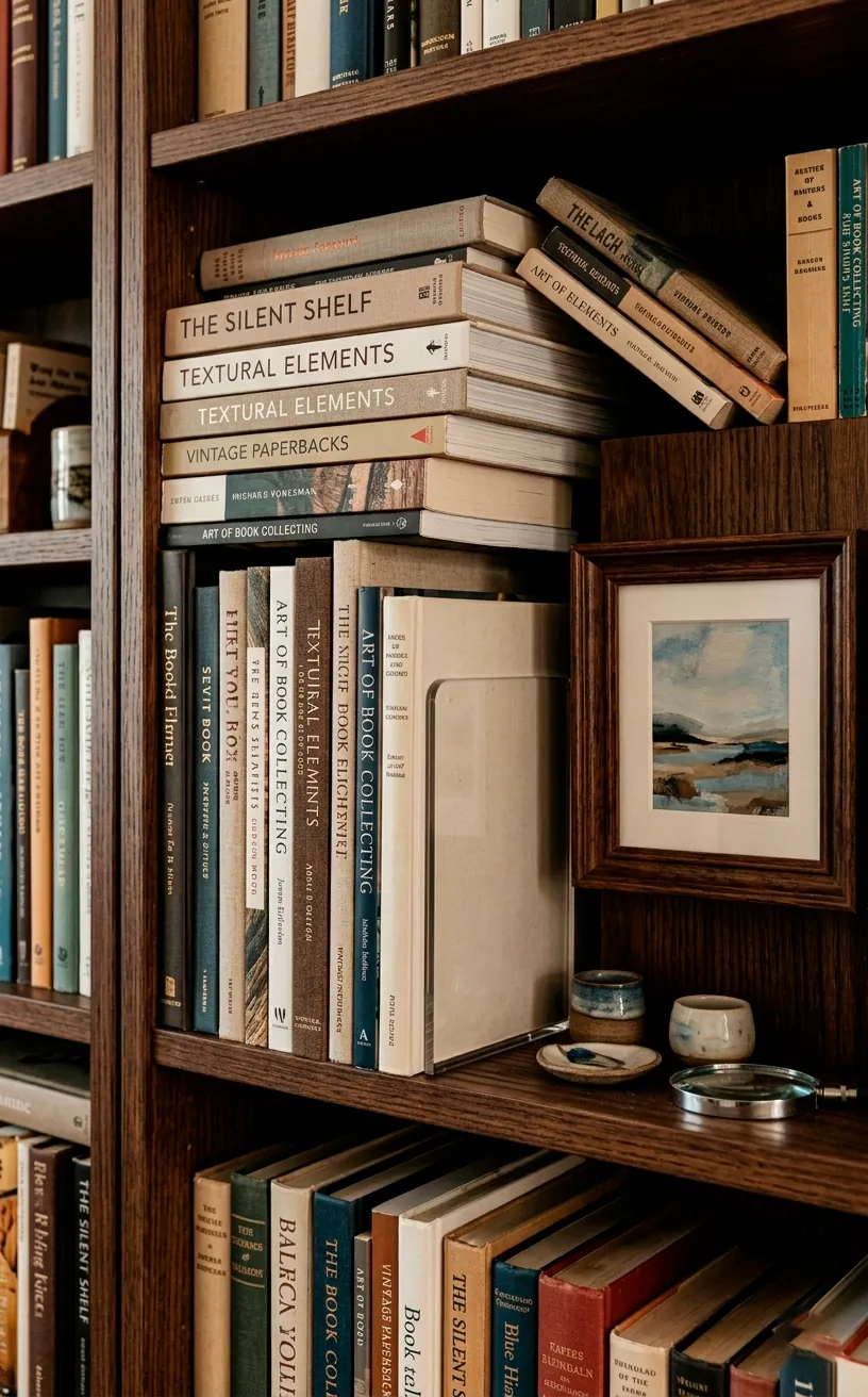 Artfully arranged books on a white shelf with a clear acrylic bookend and a small framed painting.
