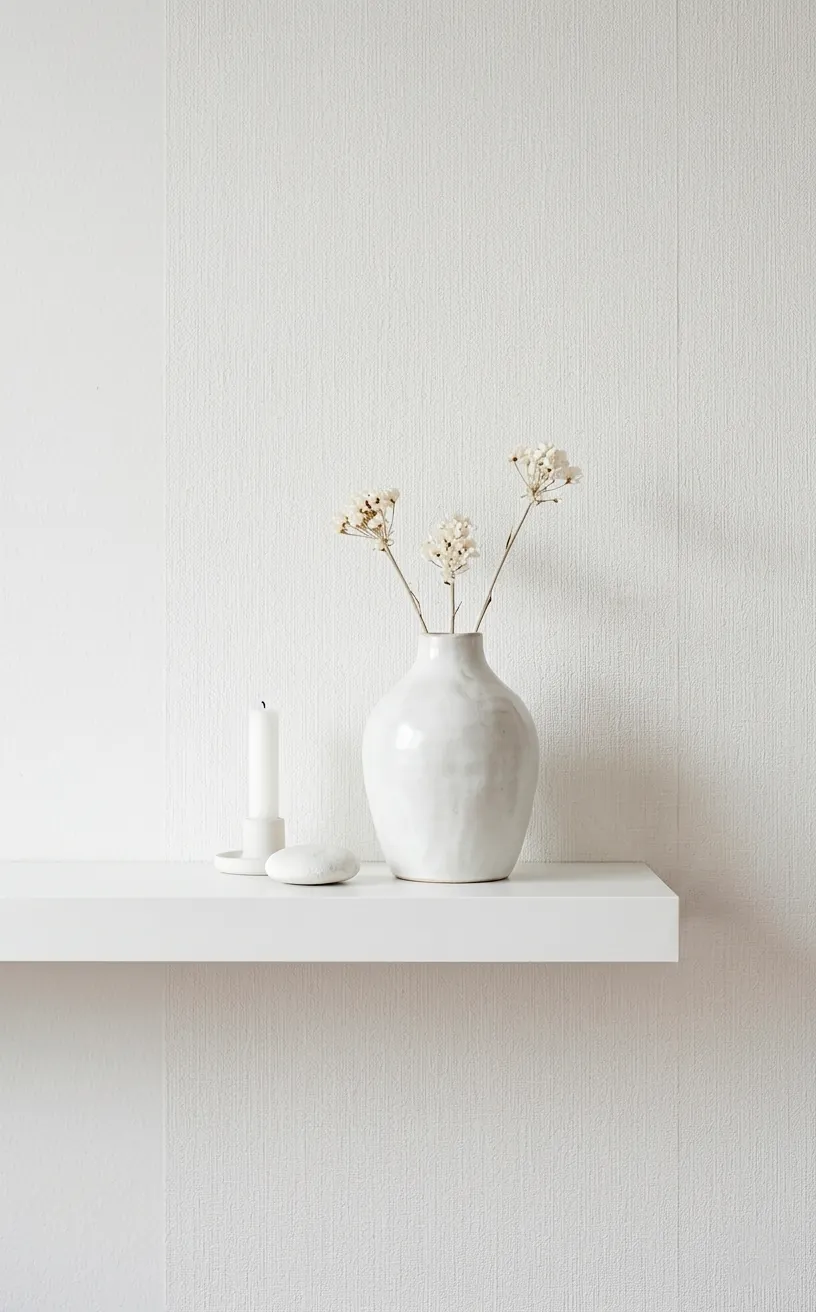 Detailed view of layered white textures including wallpaper and ceramic decor.