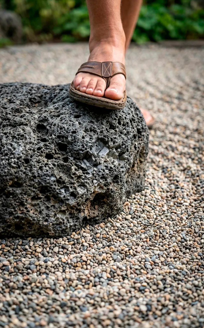 Close-up of a stepping stone and raked gravel in a Japanese-style garden.