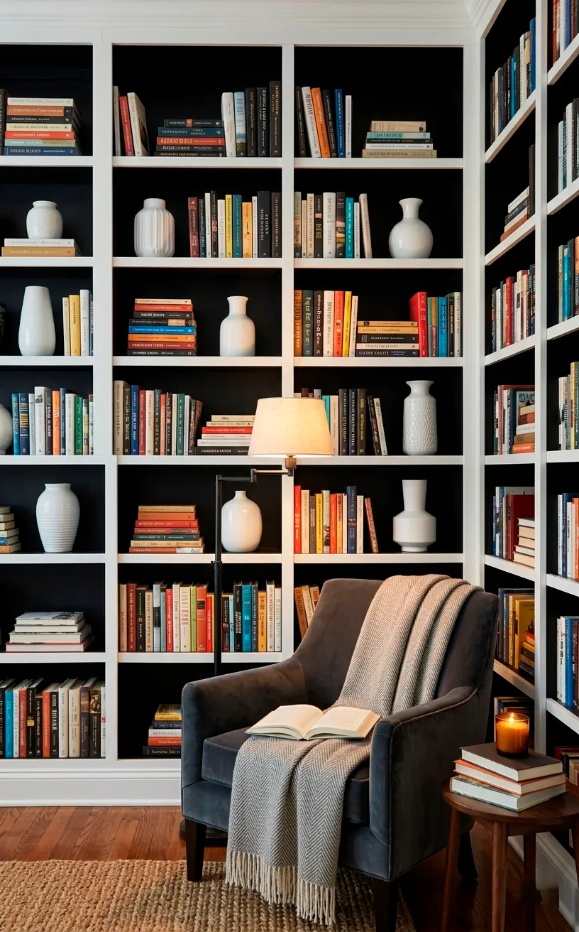 White bookshelves with black back panels creating high contrast for decor and books.