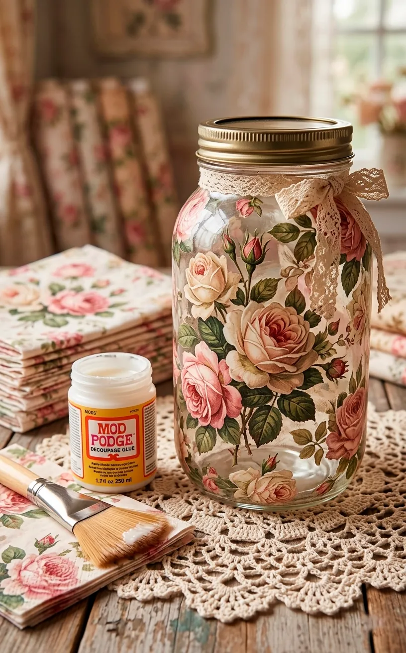 Decoupage glass jar with vintage floral patterns and craft supplies.