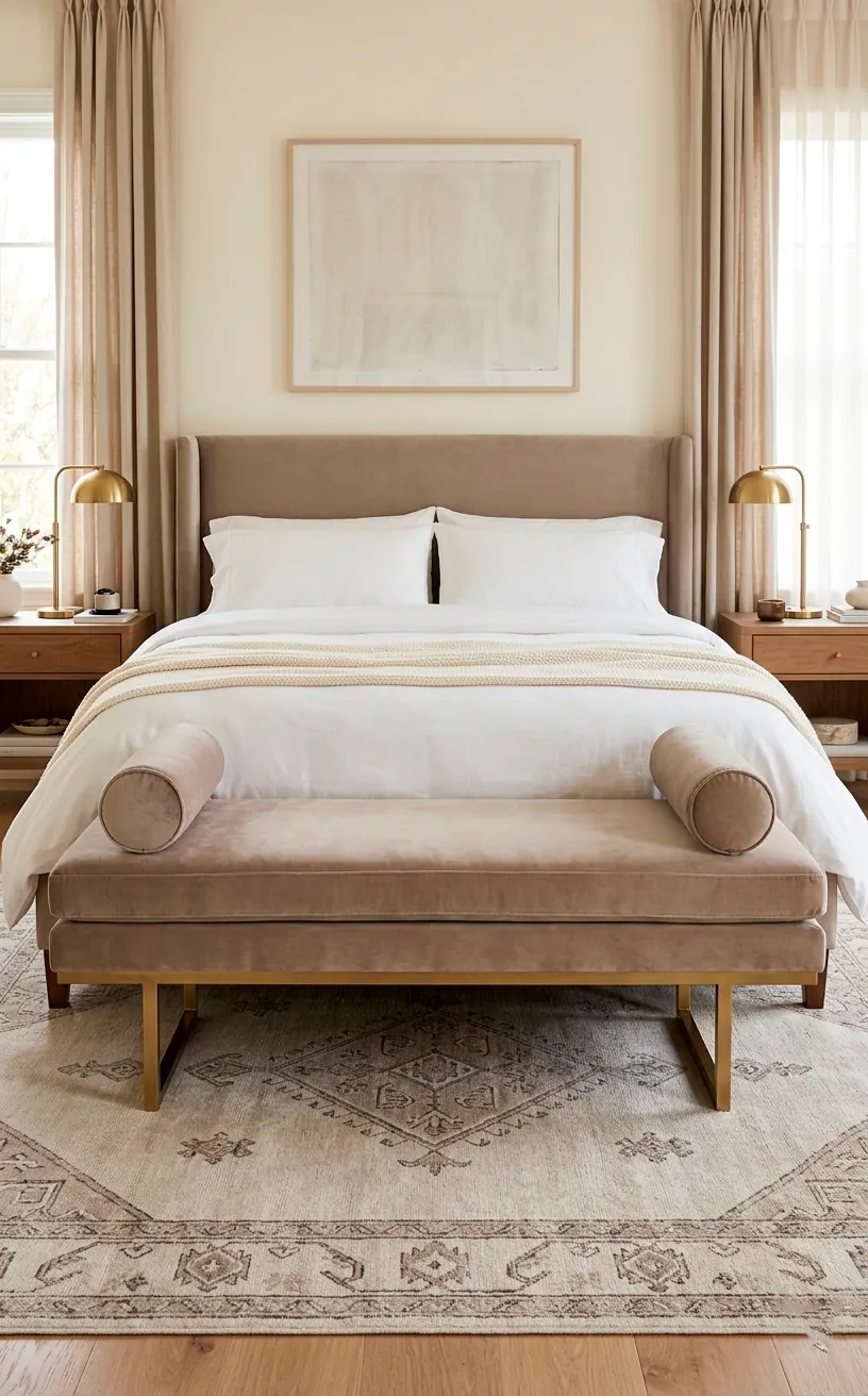 Taupe velvet bench at the foot of a king-sized bed in a luxury room.