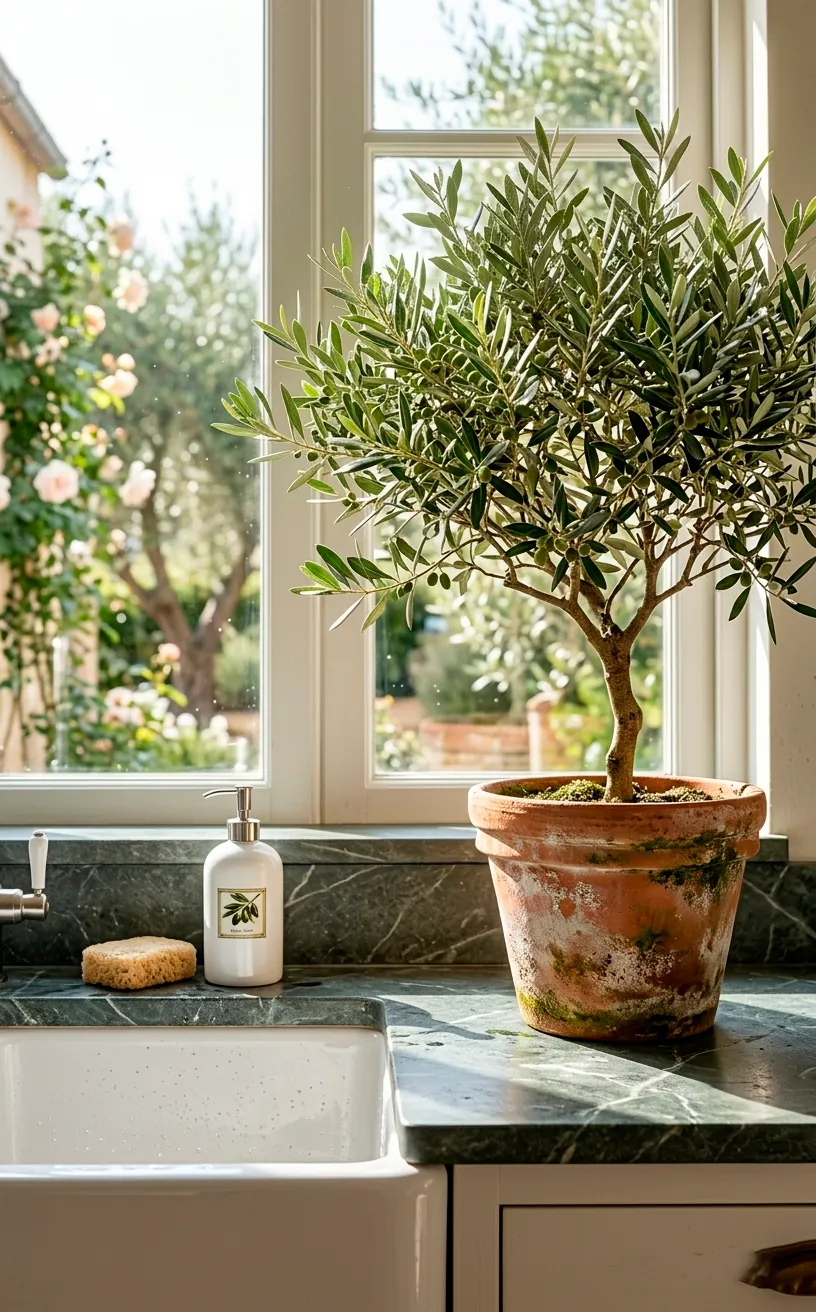 Small olive tree in a terracotta pot on a kitchen counter near a window.