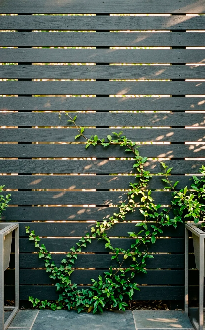 Modern horizontal charcoal wood privacy screen on a garden patio.
