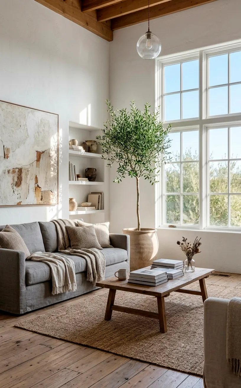 Large potted olive tree in a minimalist white living room corner.