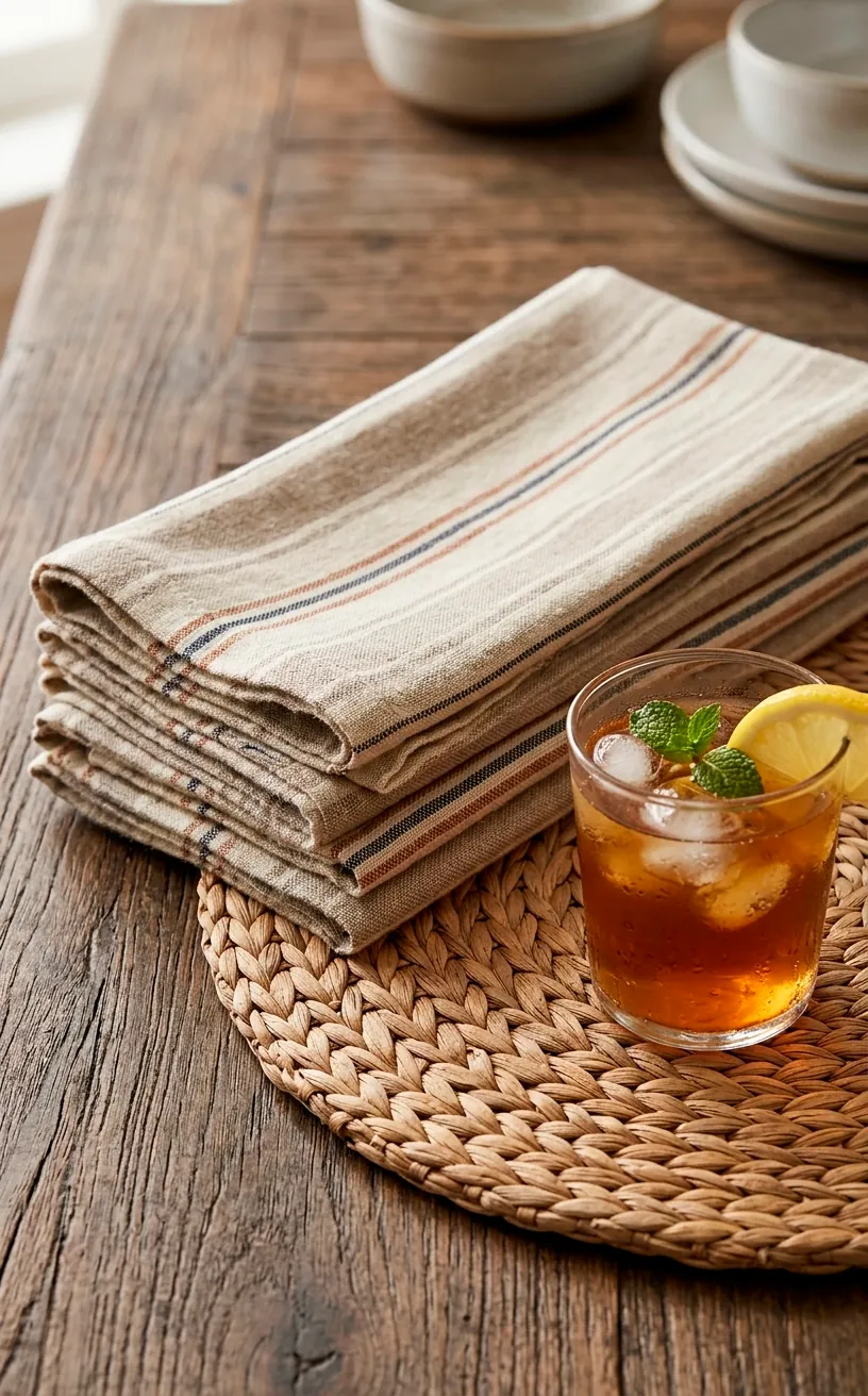 Textured linen napkins and seagrass decor on a wooden table.