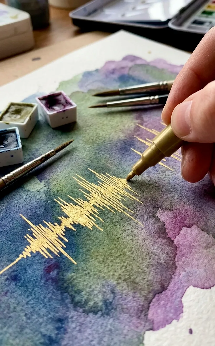Macro shot of a gold paint pen drawing a soundwave on watercolor paper.