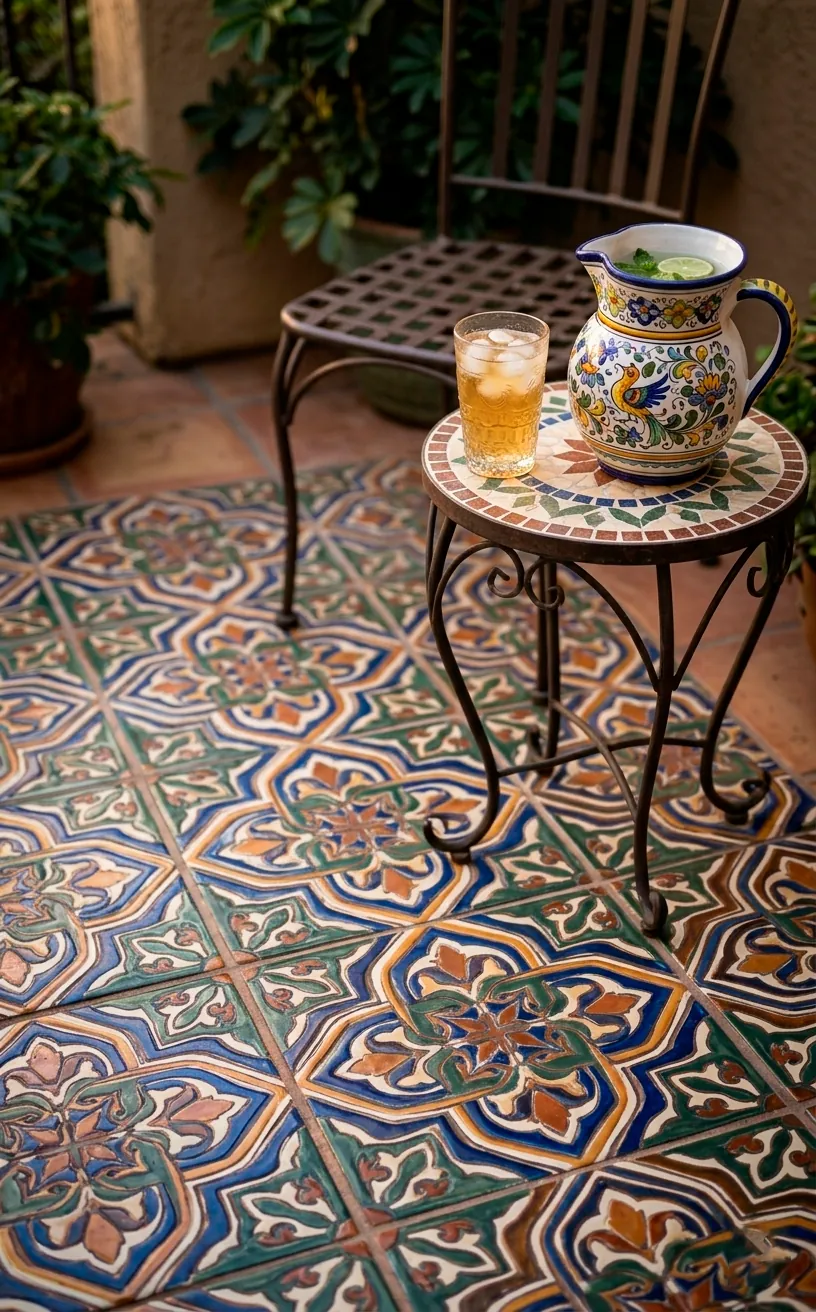 Detailed view of a stenciled Mediterranean tile pattern on concrete.