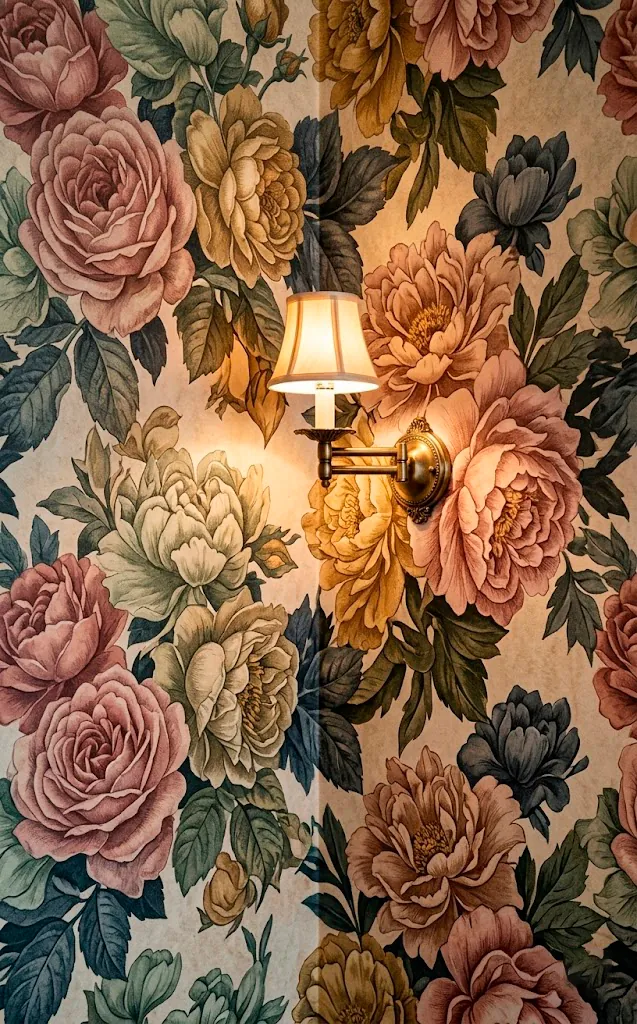 Detailed view of floral wallpaper texture and a brass wall sconce in a designer bathroom.