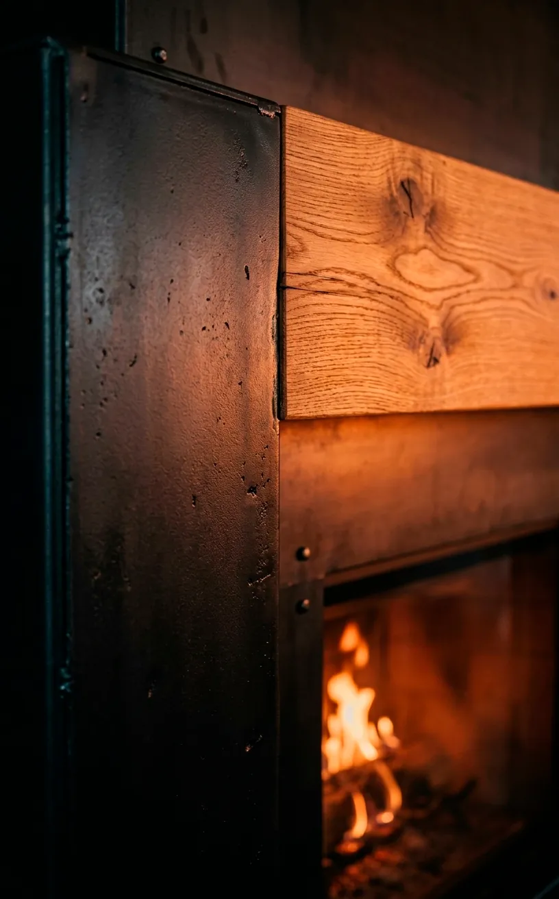 Close up of black steel fireplace trim and a light oak wood mantel.