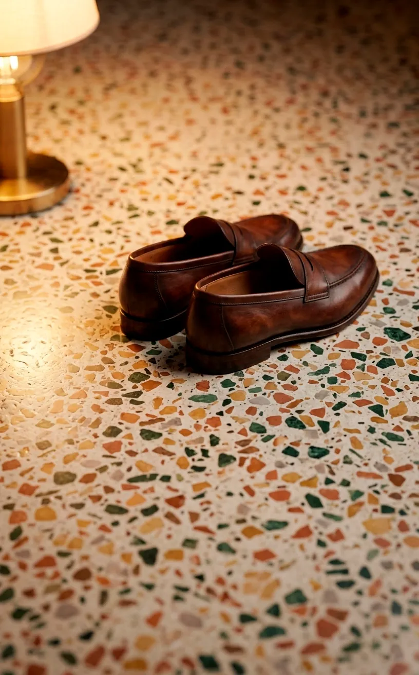 Speckled terrazzo vinyl tile detail with artistic chips of color and satin finish.