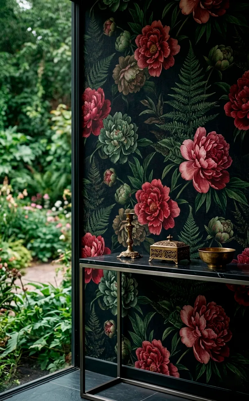 Dark botanical wallpaper with large floral prints in a luxury sunroom.