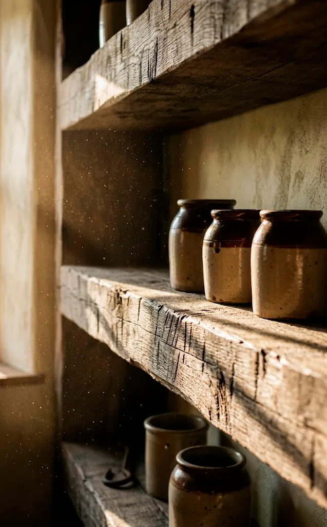 Side view of rustic live-edge wood shelving with ceramic storage crocks.
