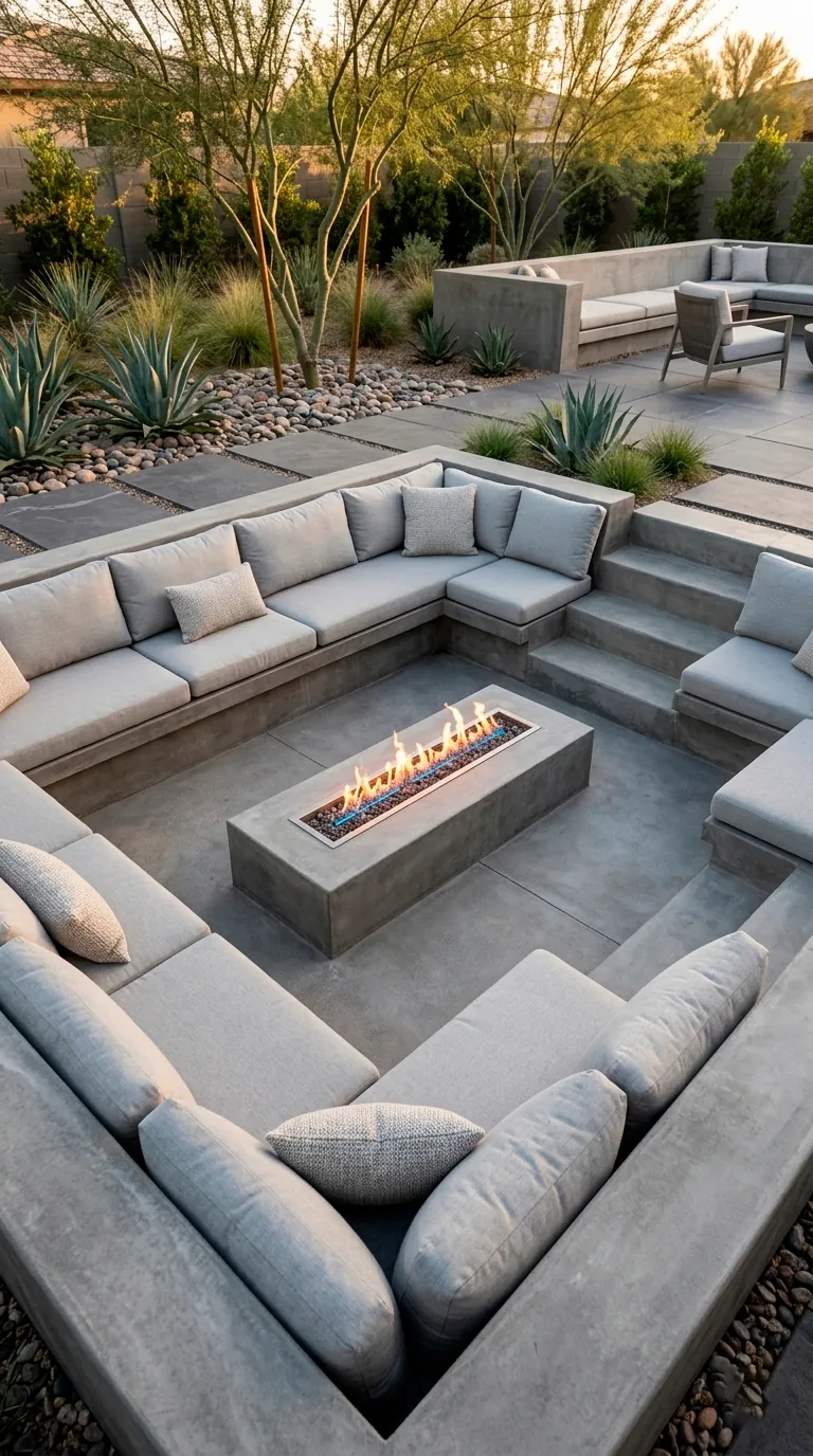Sunken concrete fire pit area with built-in seating and gray cushions.