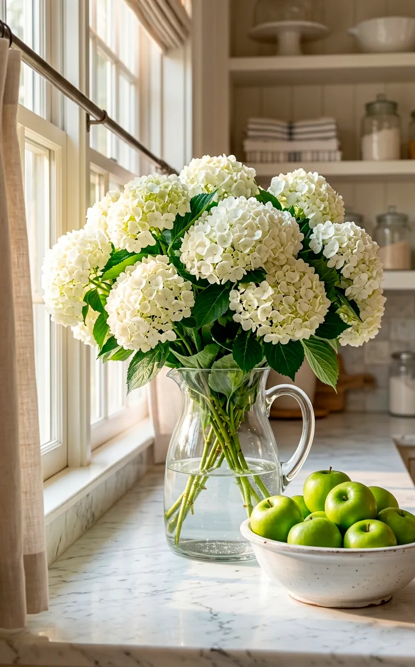 Large bouquet of fresh white hydrangeas in a clear glass vase on a bright kitchen counter.