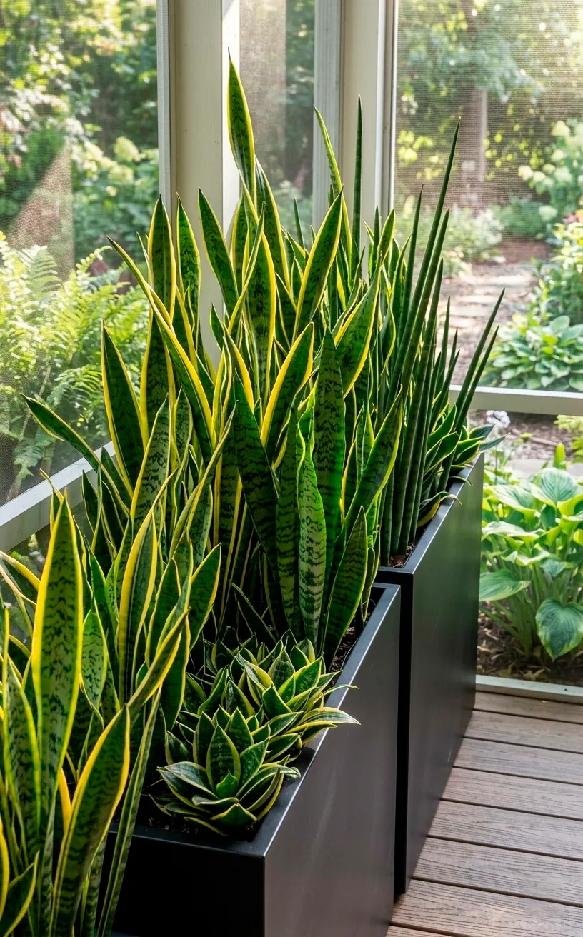 Sleek Snake Plants in black metal planters on a porch.