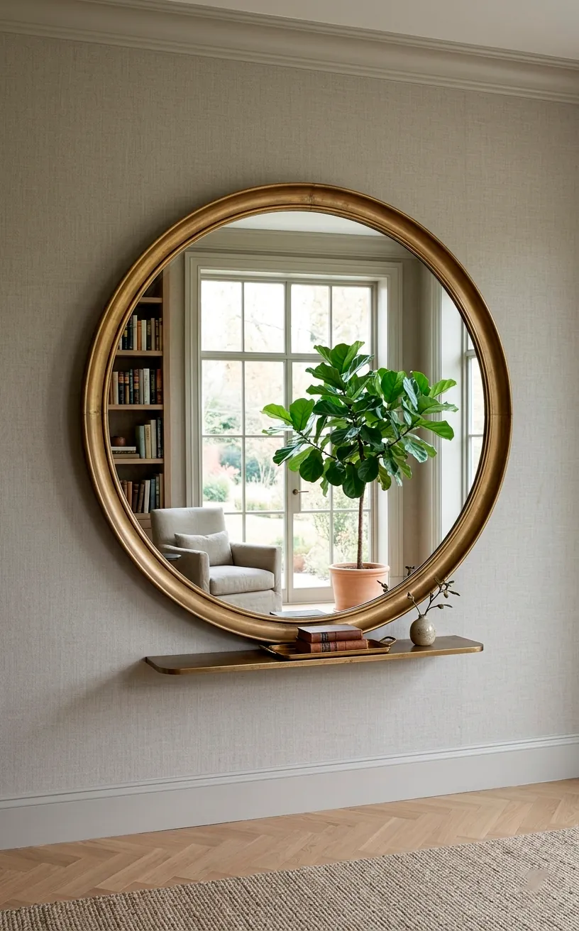 A large round brass mirror reflecting a window to expand a small studio space.