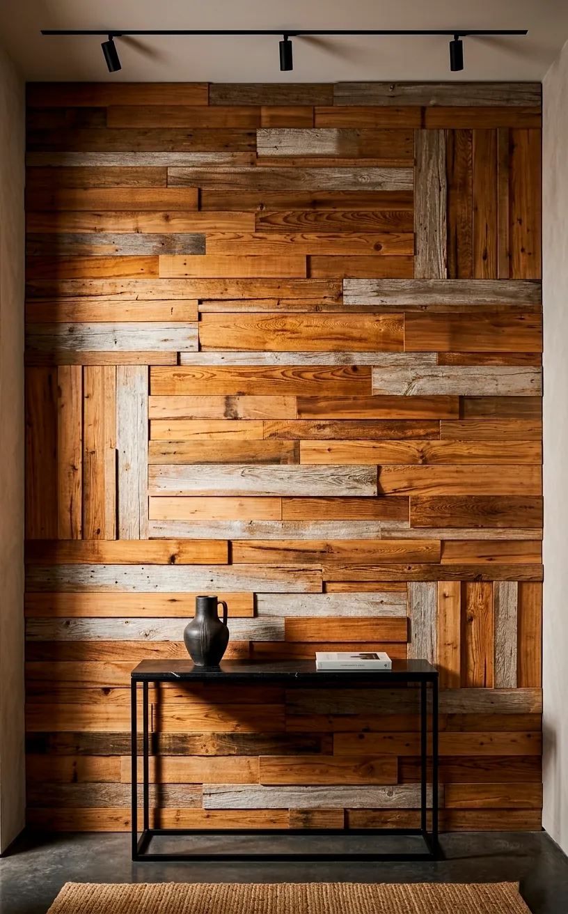 Reclaimed cedar plank wall art installation above an entryway console.