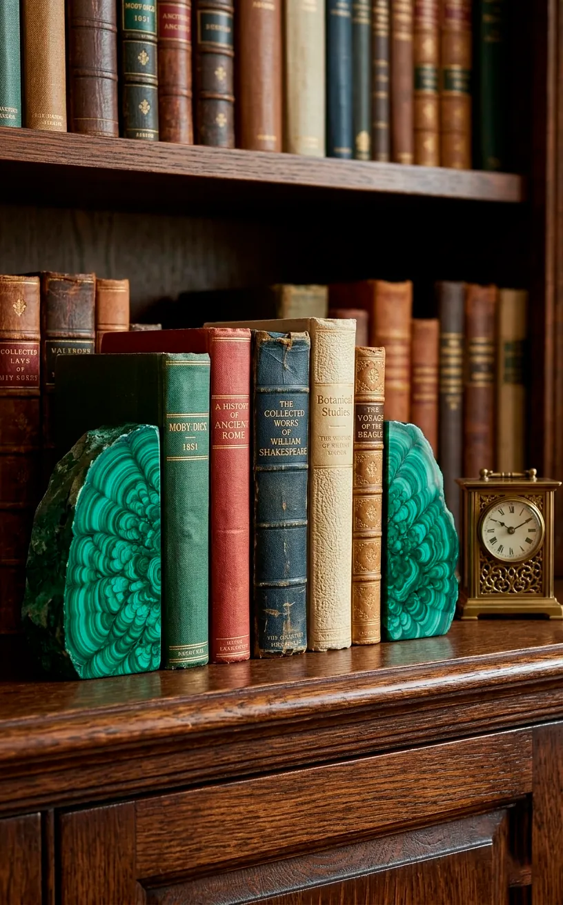 Luxury malachite bookends with green swirls holding vintage books on an oak shelf.