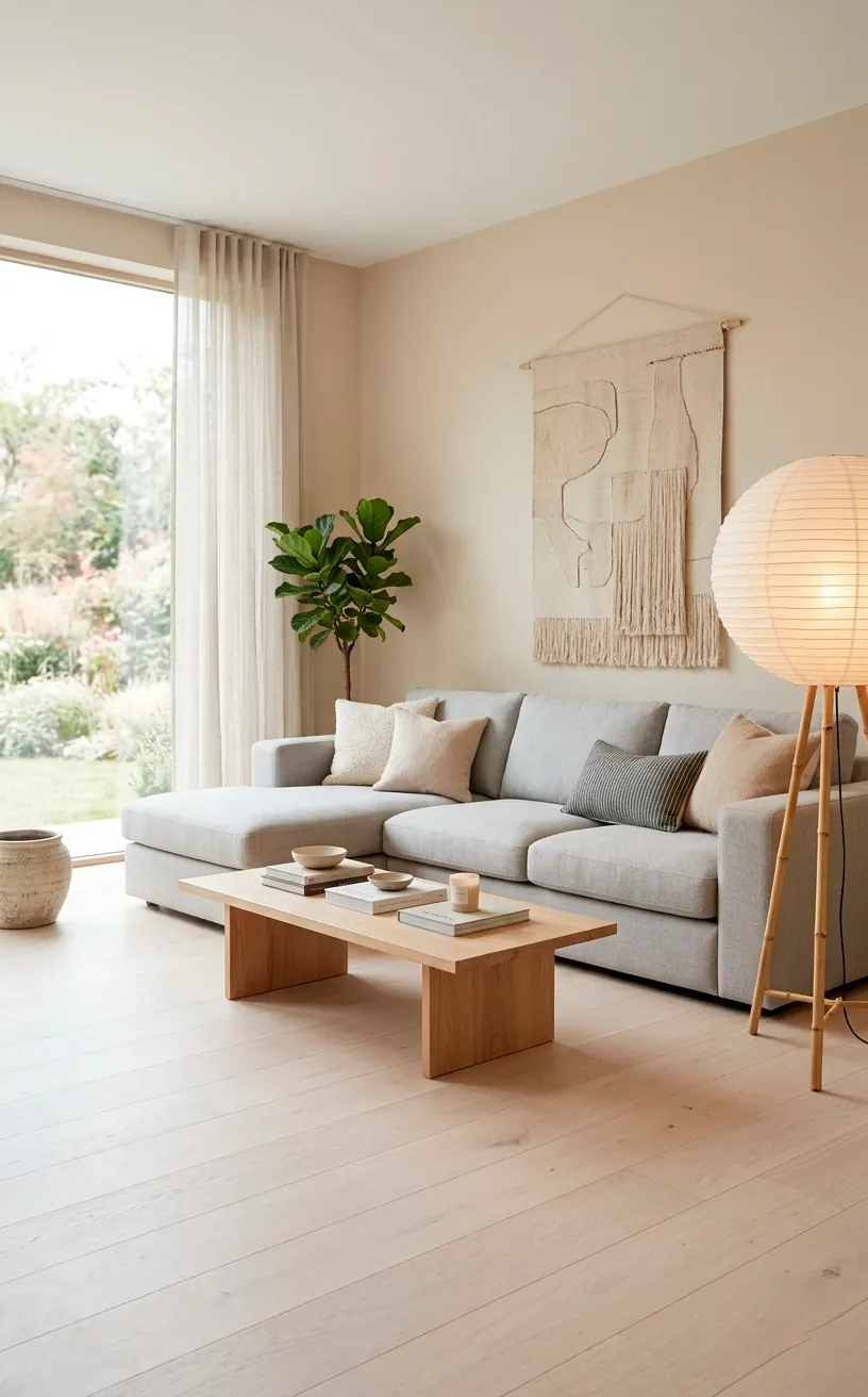 Bright Japandi living room with Pale Oak walls and paper floor lamp.