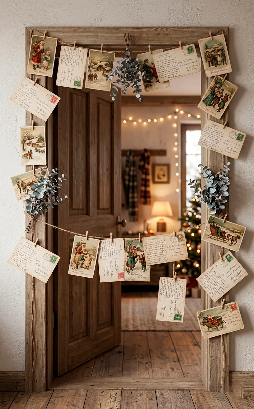 Handmade garland of vintage Christmas postcards and twine over a doorway.