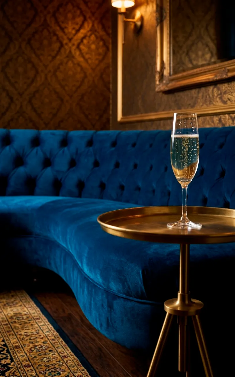 The elegant curve of an emerald velvet sofa next to a brass drink table and gold wallpaper.