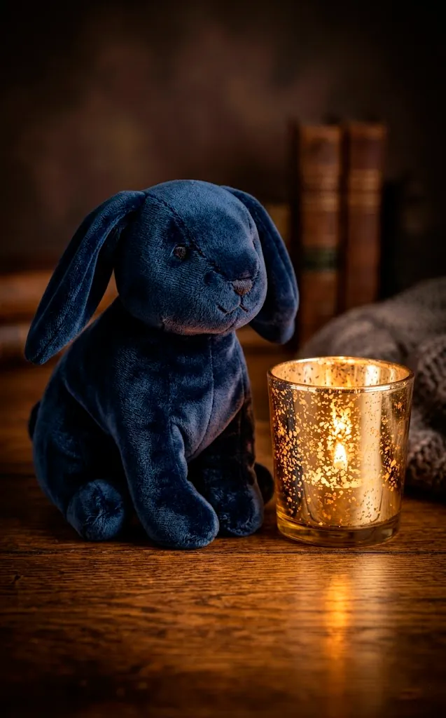 Close-up of a navy velvet rabbit figurine with a gold bow.