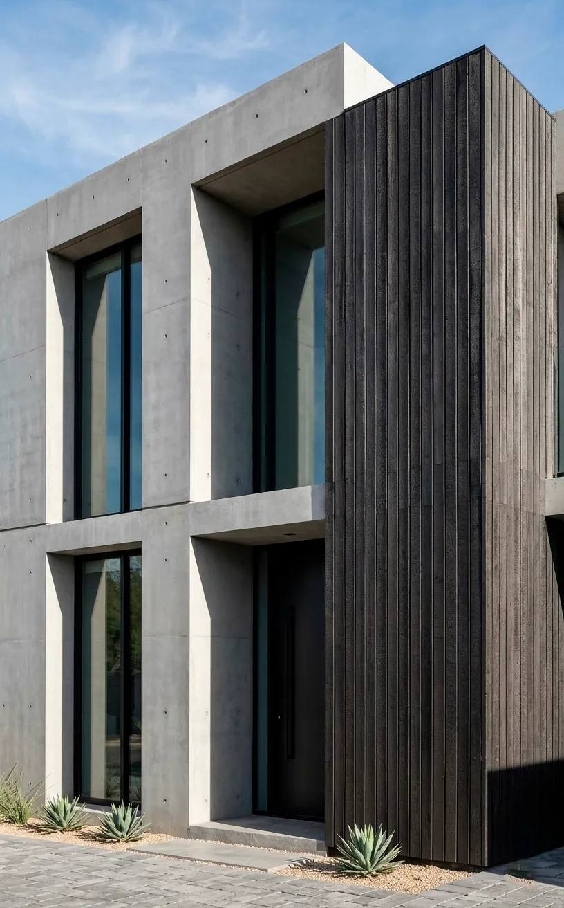 House exterior with vertical charred wood slats and smooth concrete walls.